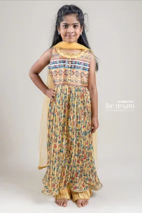 Dazzling Floral Printed Pleated Yellow Tunic Top N Palazzo Pant For Girls