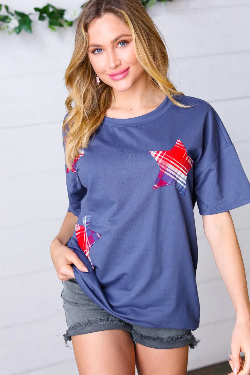 Denim Blue Plaid Star Patch Cotton Blend Top