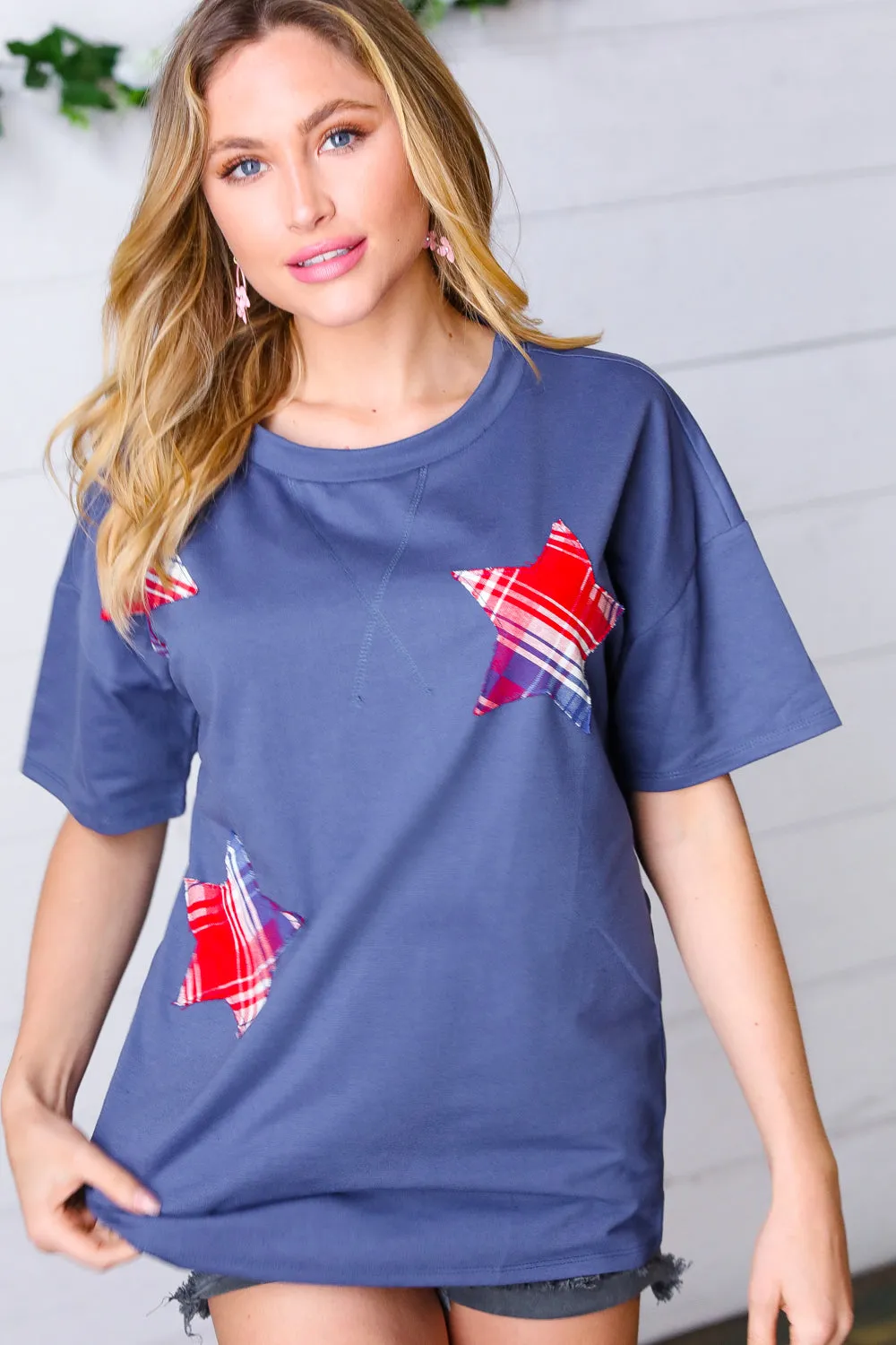 Denim Blue Plaid Star Patch Cotton Blend Top