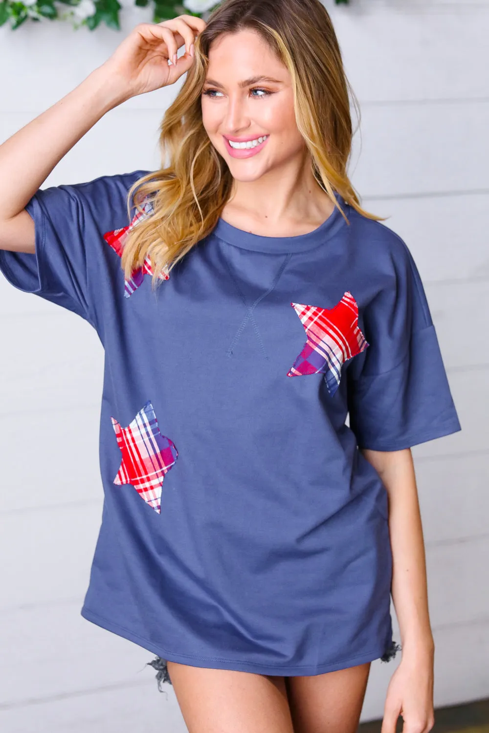 Denim Blue Plaid Star Patch Cotton Blend Top