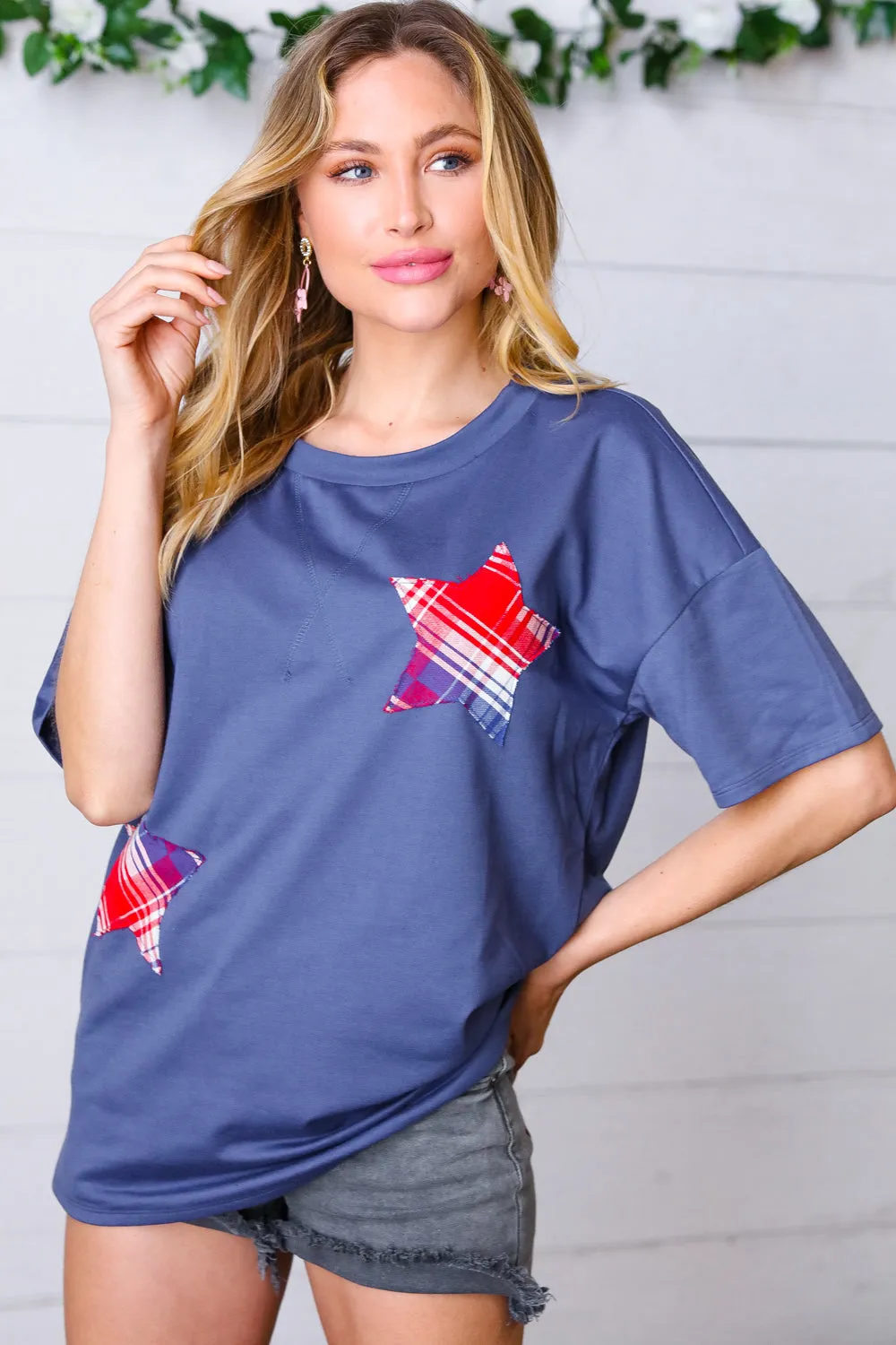 Denim Blue Plaid Star Patch Cotton Blend Top