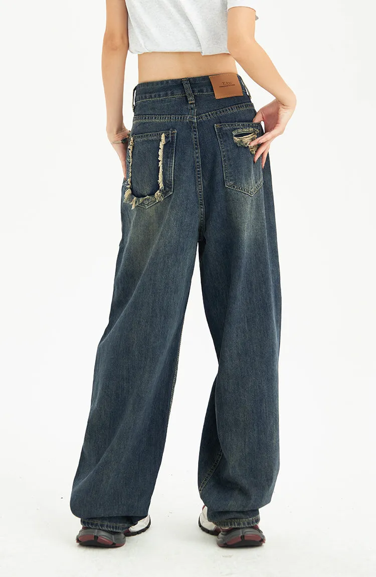 Distressed Pocket Wide Leg Jeans