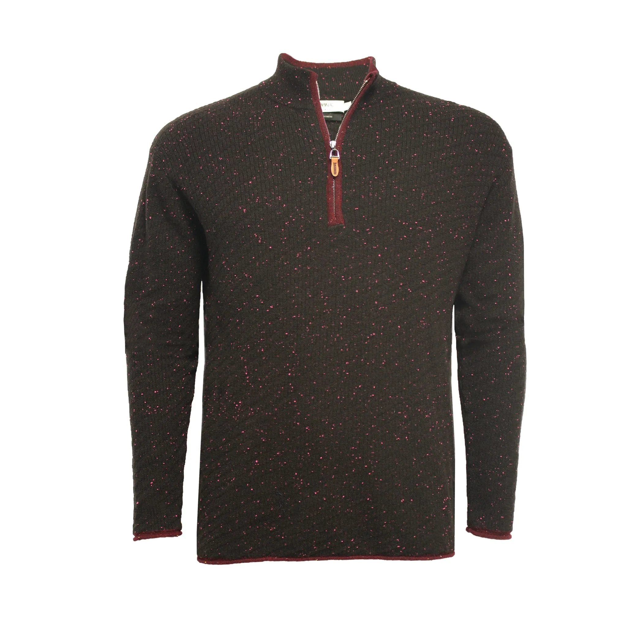 Donegal Black Red Cashmere Zip Neck Sweater Cabris in Carbon stitch