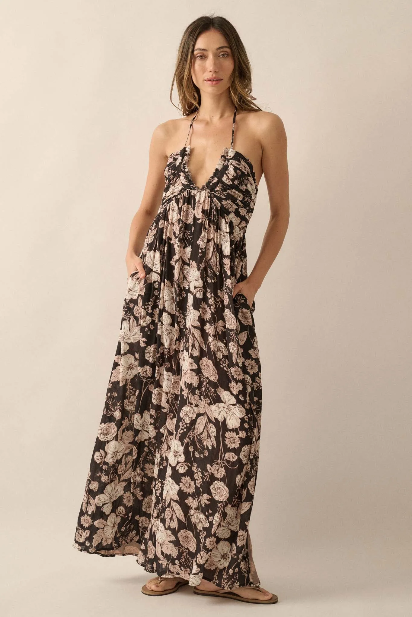 Elegant Blossoms Floral Crepe Halter Maxi Dress