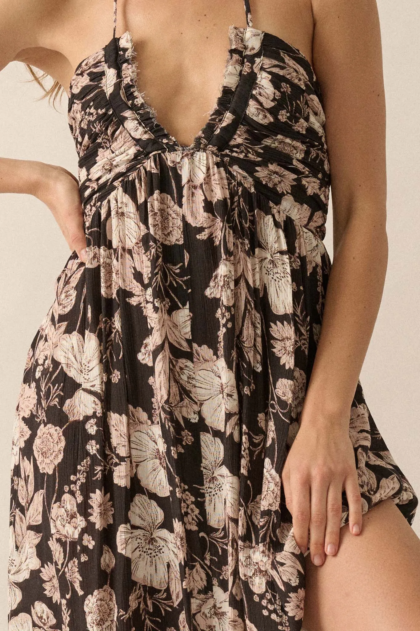 Elegant Blossoms Floral Crepe Halter Maxi Dress