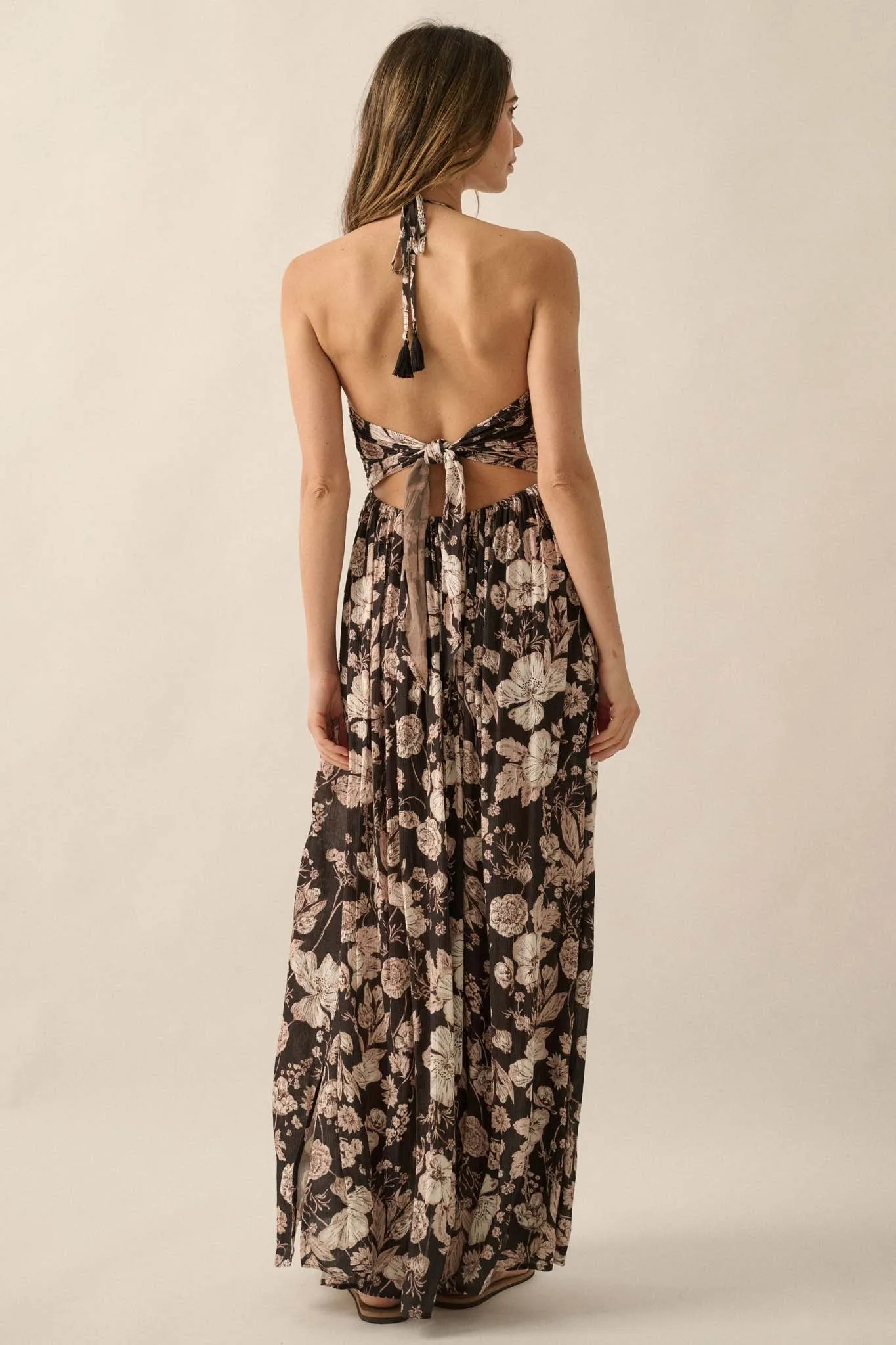 Elegant Blossoms Floral Crepe Halter Maxi Dress