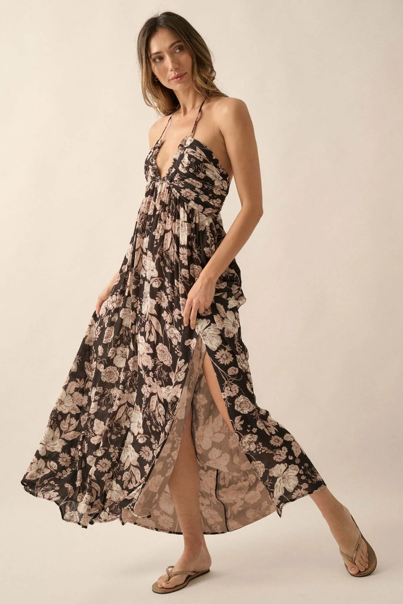 Elegant Blossoms Floral Crepe Halter Maxi Dress