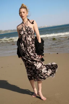 Elegant Blossoms Floral Crepe Halter Maxi Dress