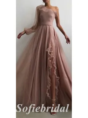 Elegant Tulle And Chiffon One Shoulder Long Sleeves Side Slit A-Line Long Prom Dresses, PD0825