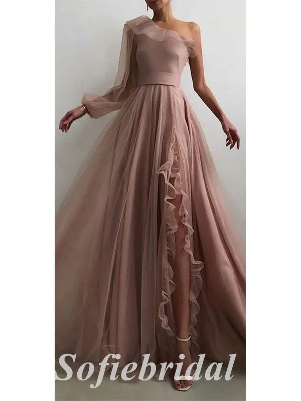 Elegant Tulle And Chiffon One Shoulder Long Sleeves Side Slit A-Line Long Prom Dresses, PD0825