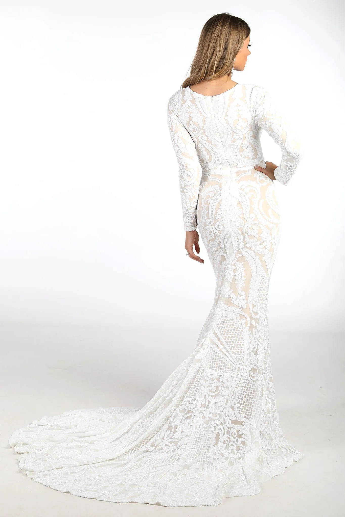 Elena Long-Sleeve Pattern Sequin Gown - White/Nude