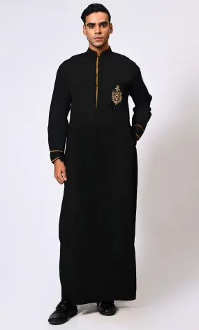 Elevated Elegance: Embroidered Men's Black Thobe with Contrasting Trims