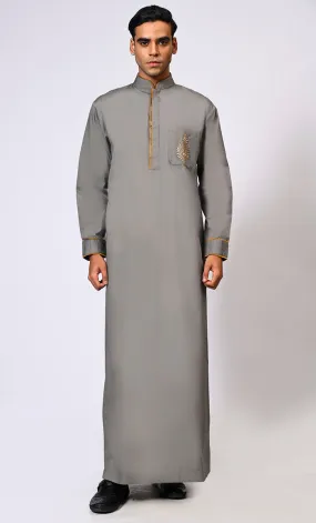 Elevated Elegance: Embroidered Men's Grey Thobe with Contrast Accents