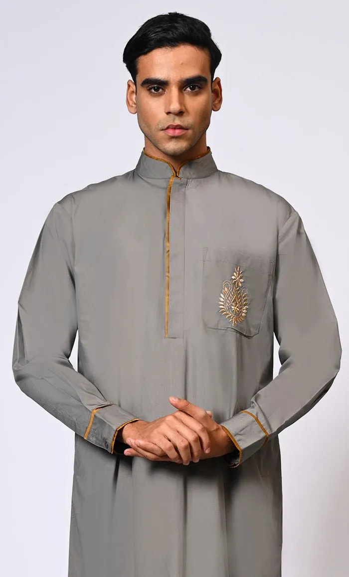 Elevated Elegance: Embroidered Men's Grey Thobe with Contrast Accents