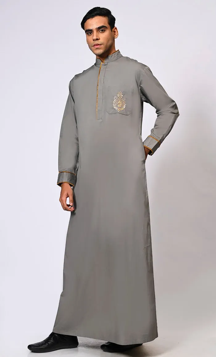 Elevated Elegance: Embroidered Men's Grey Thobe with Contrast Accents