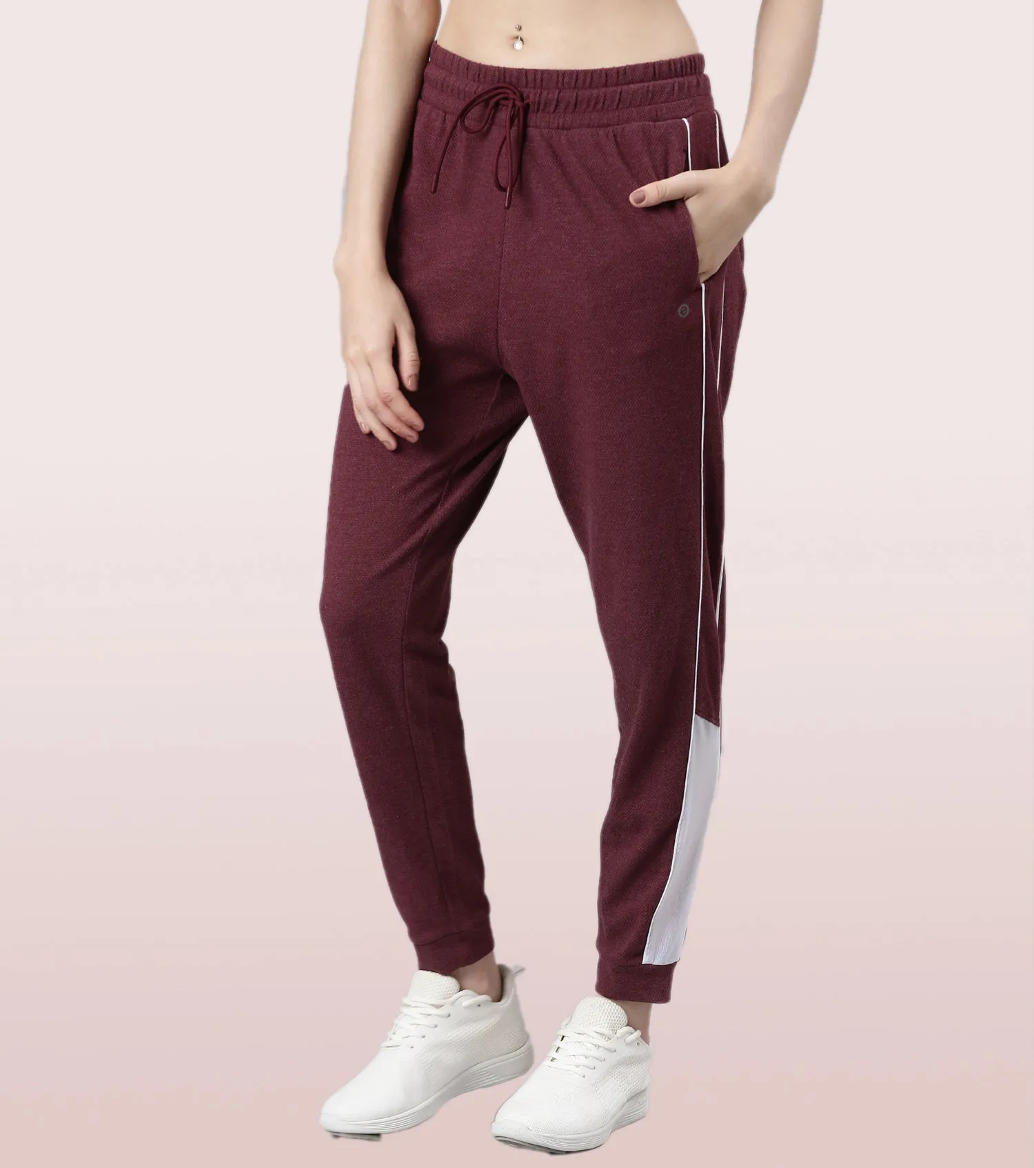 Enamor Relaxed Fit Popcorn Fabric Jogger For Women | Mid Rise Regular Length Piping Jogger | E403