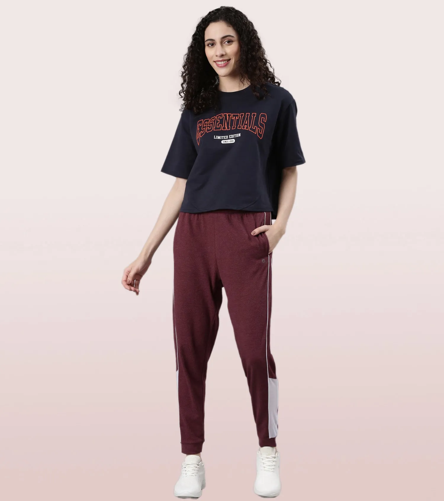 Enamor Relaxed Fit Popcorn Fabric Jogger For Women | Mid Rise Regular Length Piping Jogger | E403