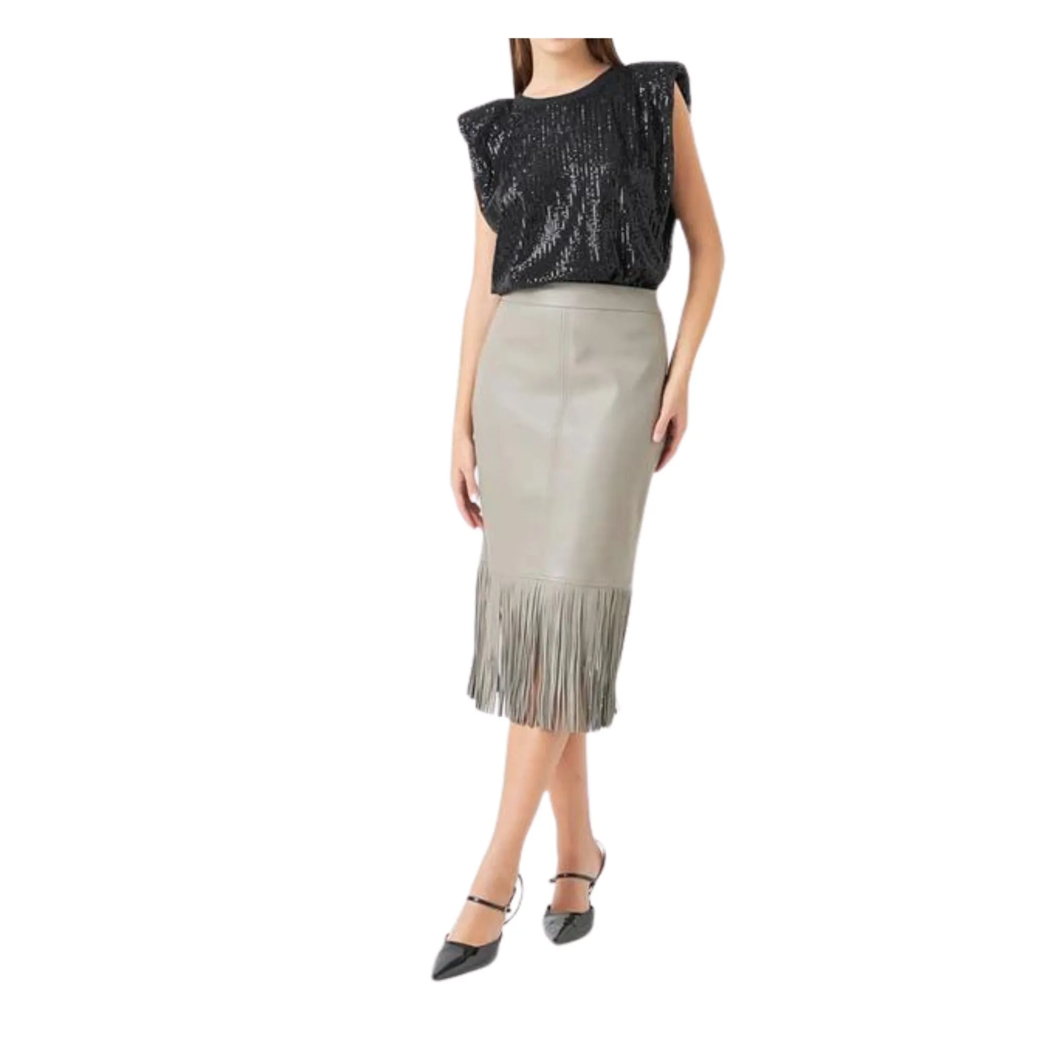 Endless Rose PU Fringe Pencil Midi Skirt