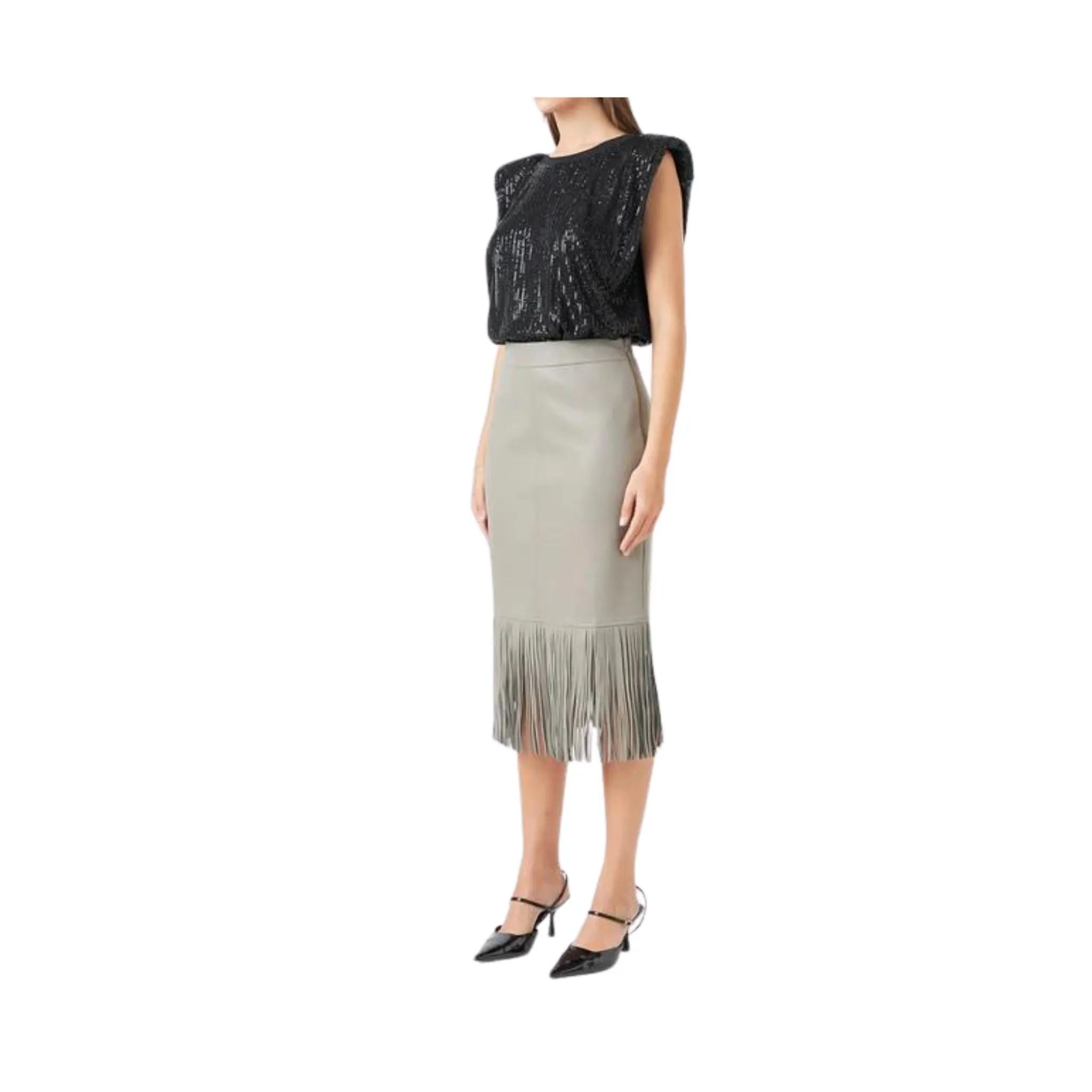 Endless Rose PU Fringe Pencil Midi Skirt