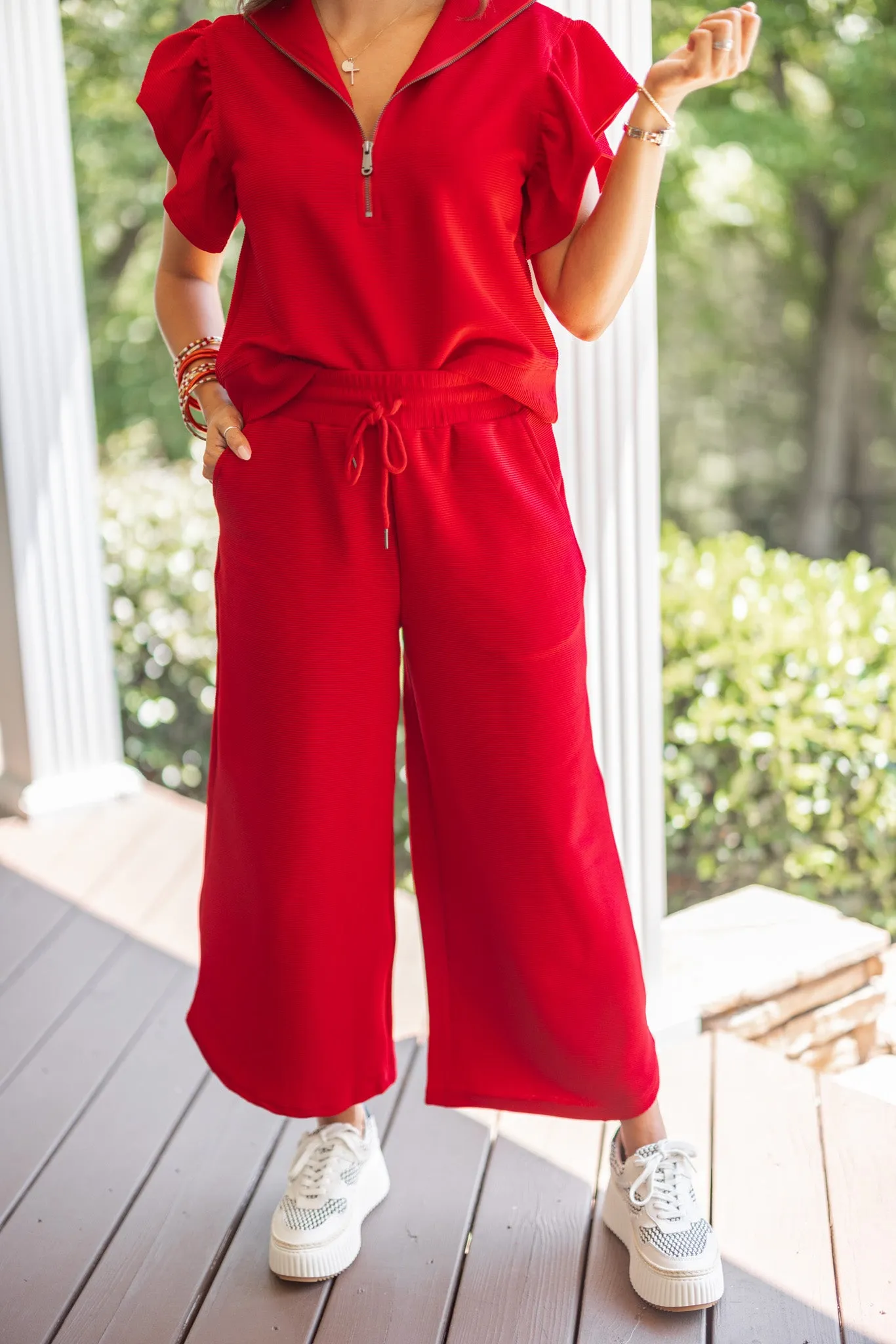 Everyday Elegance Red Textured Pants