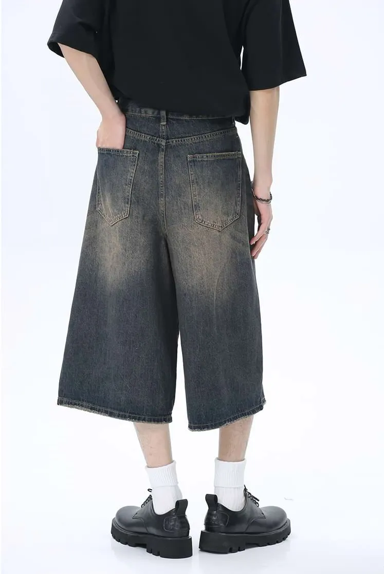 Faded Wide Leg Denim Long Jorts