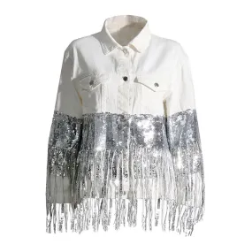 Flamboyant Collared Button Front Long Sleeve Sequin Fringe Denim Jacket