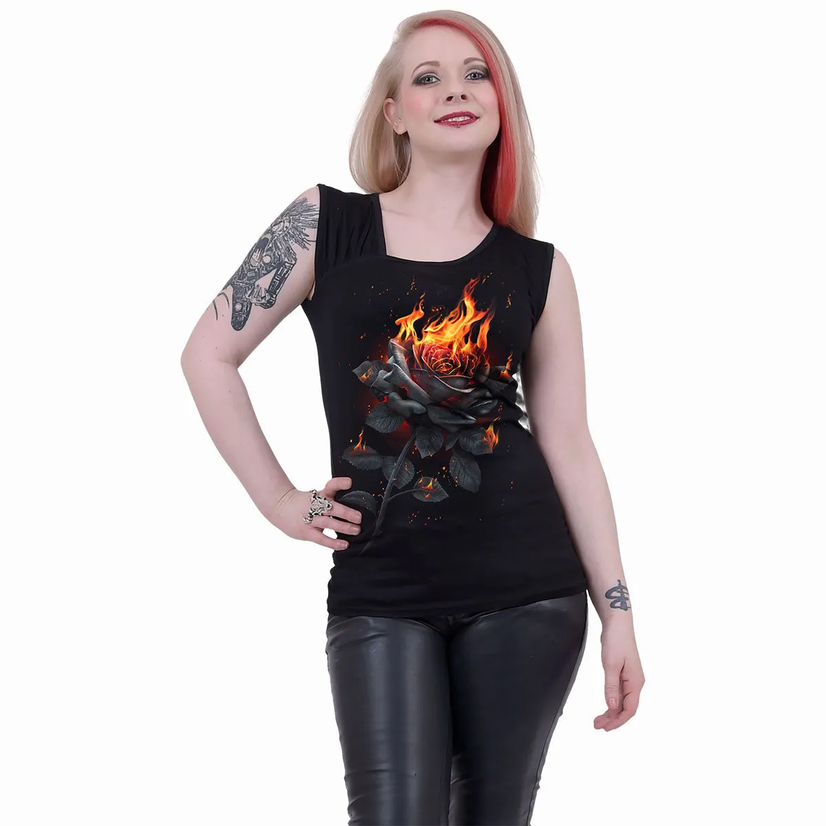 FLAMING ROSE - Gathered Shoulder Slant Vest Black