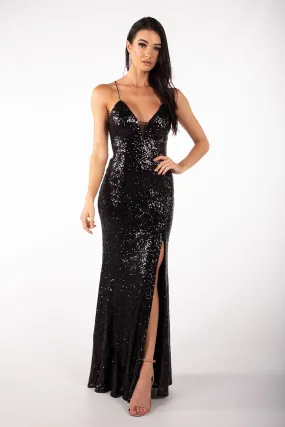 Fresia Lace Up Sequin Gown - Black