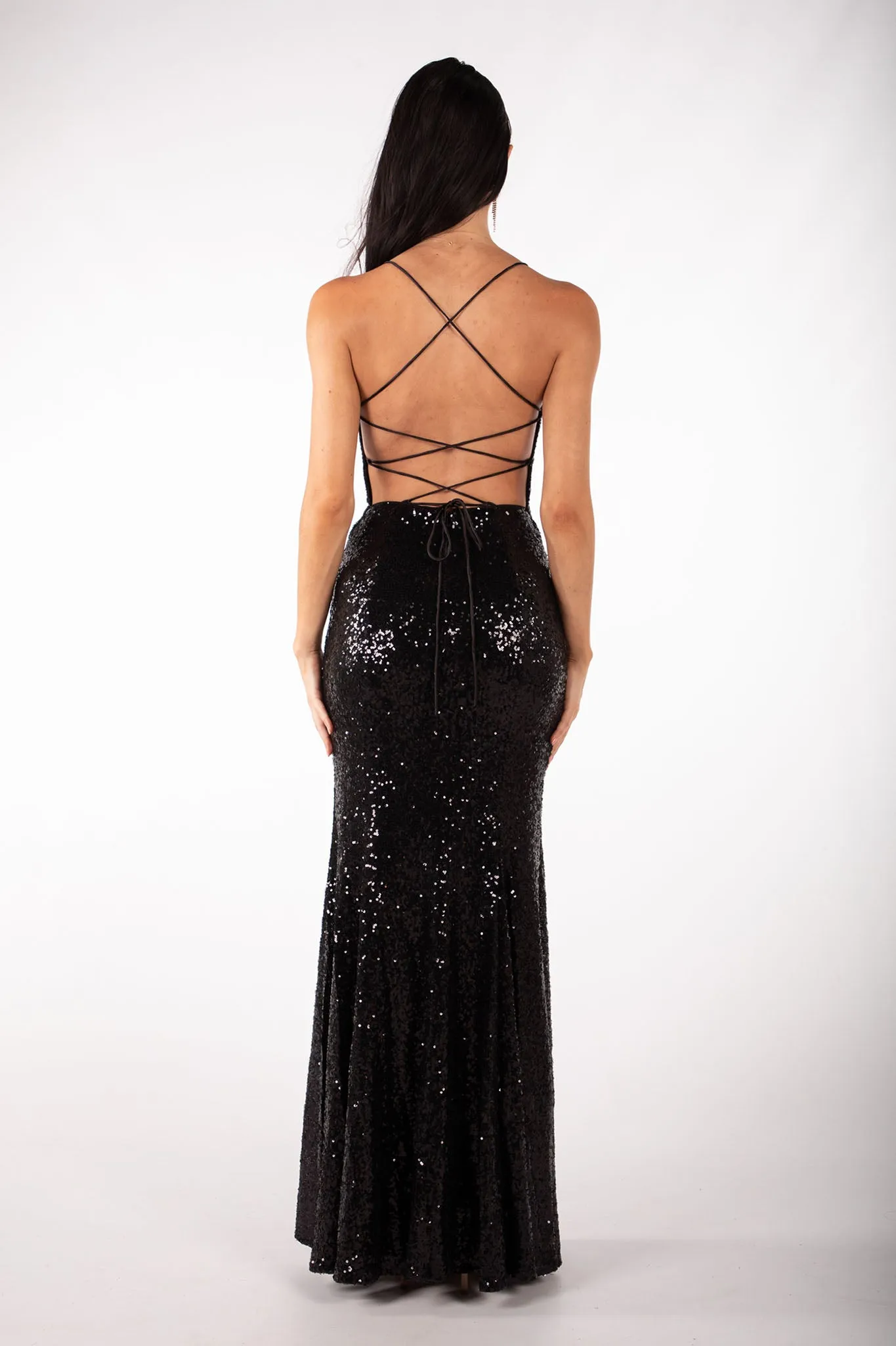 Fresia Lace Up Sequin Gown - Black