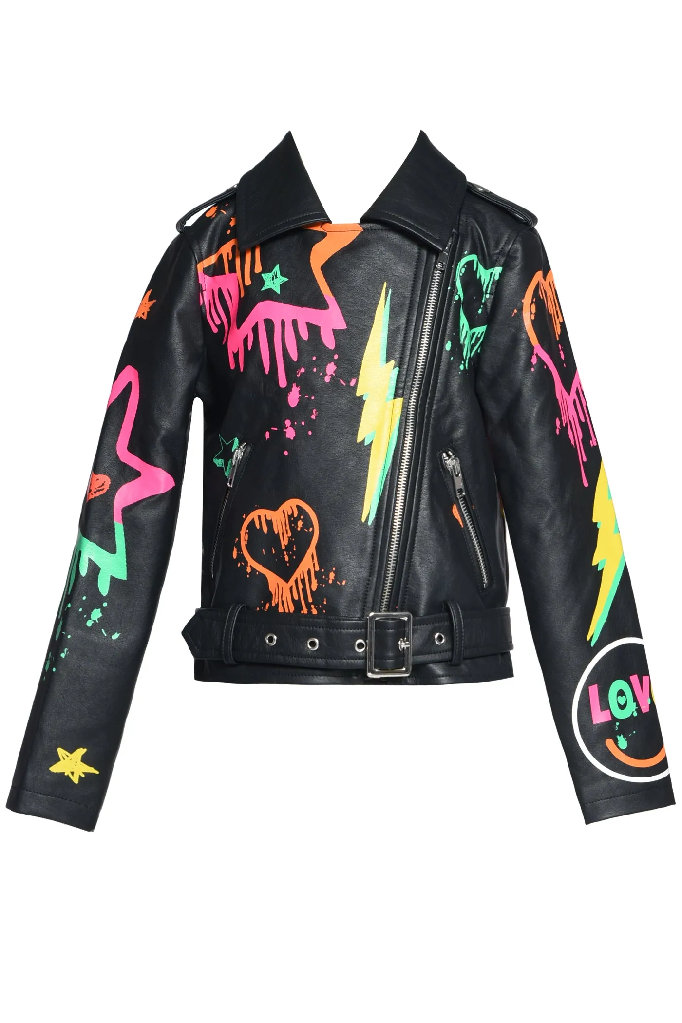 Girls Printed Moto Faux Leather Jacket