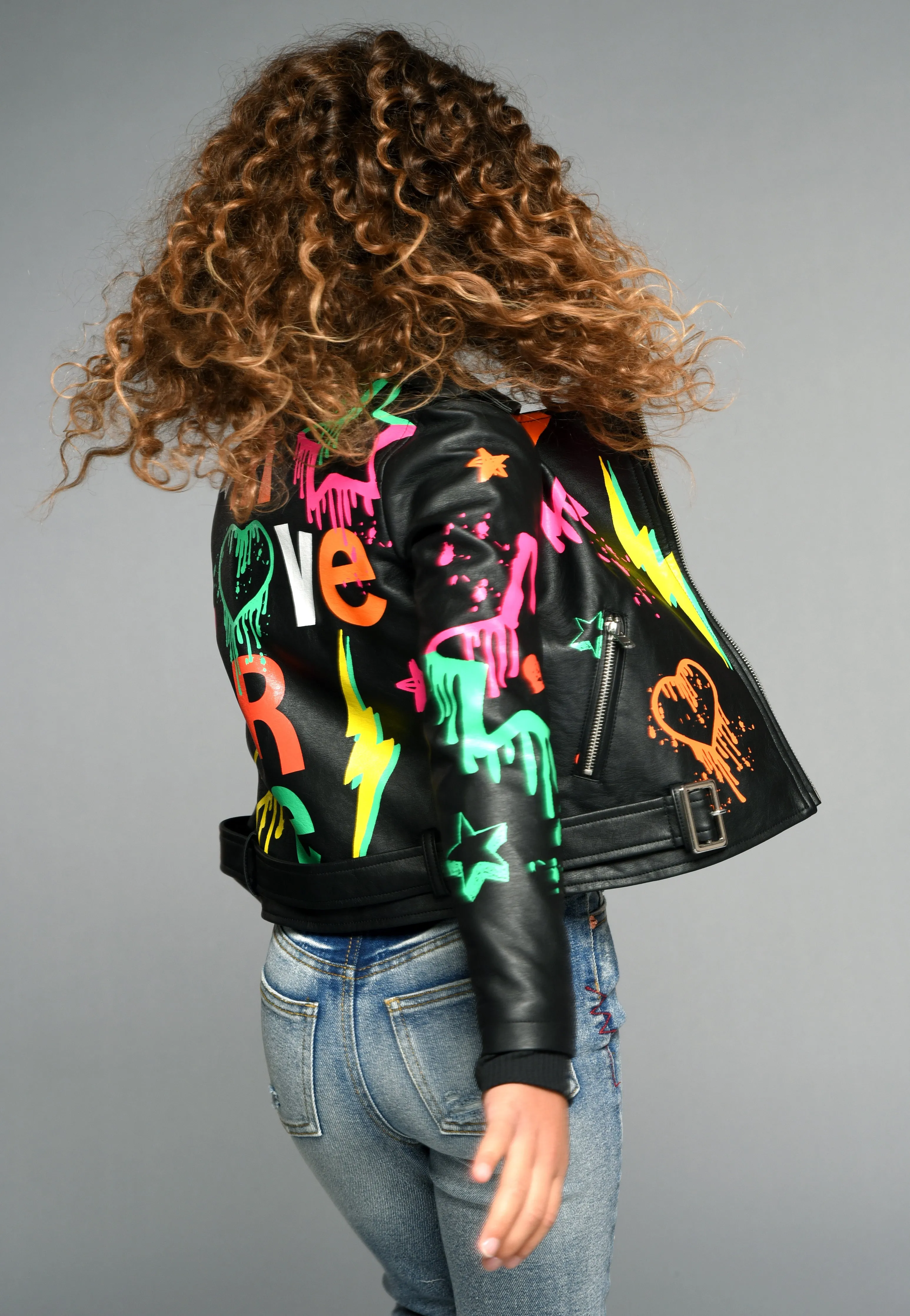 Girls Printed Moto Faux Leather Jacket