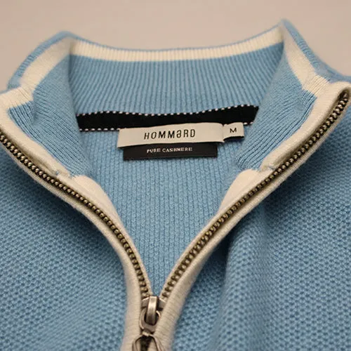 Glacier Blue Cashmere Zip Neck Sweater Verbier in pique stitch