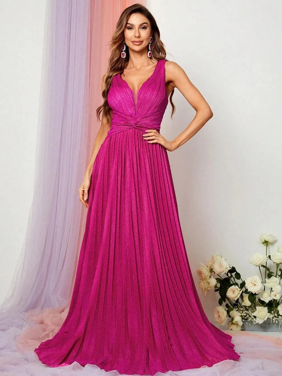 Glitter V Neck Sleeveless Maxi A Line Pleated Dress