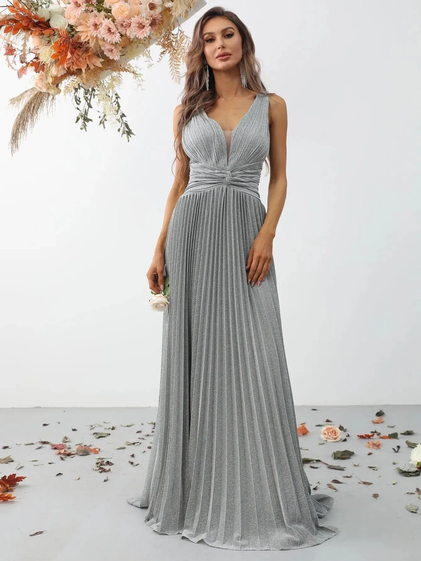 Glitter V Neck Sleeveless Maxi A Line Pleated Dress