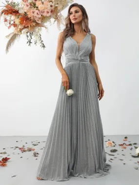 Glitter V Neck Sleeveless Maxi A Line Pleated Dress