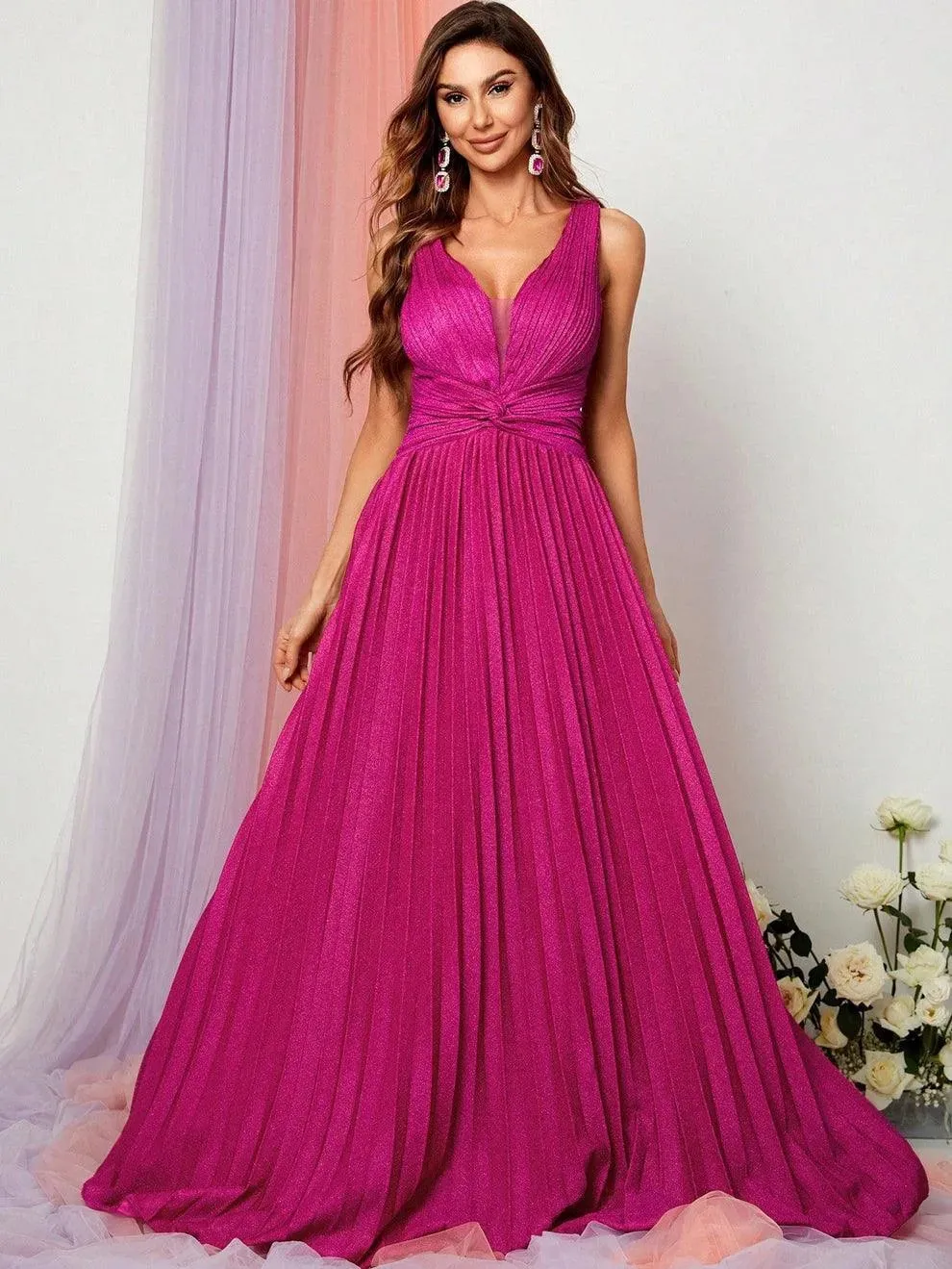 Glitter V Neck Sleeveless Maxi A Line Pleated Dress