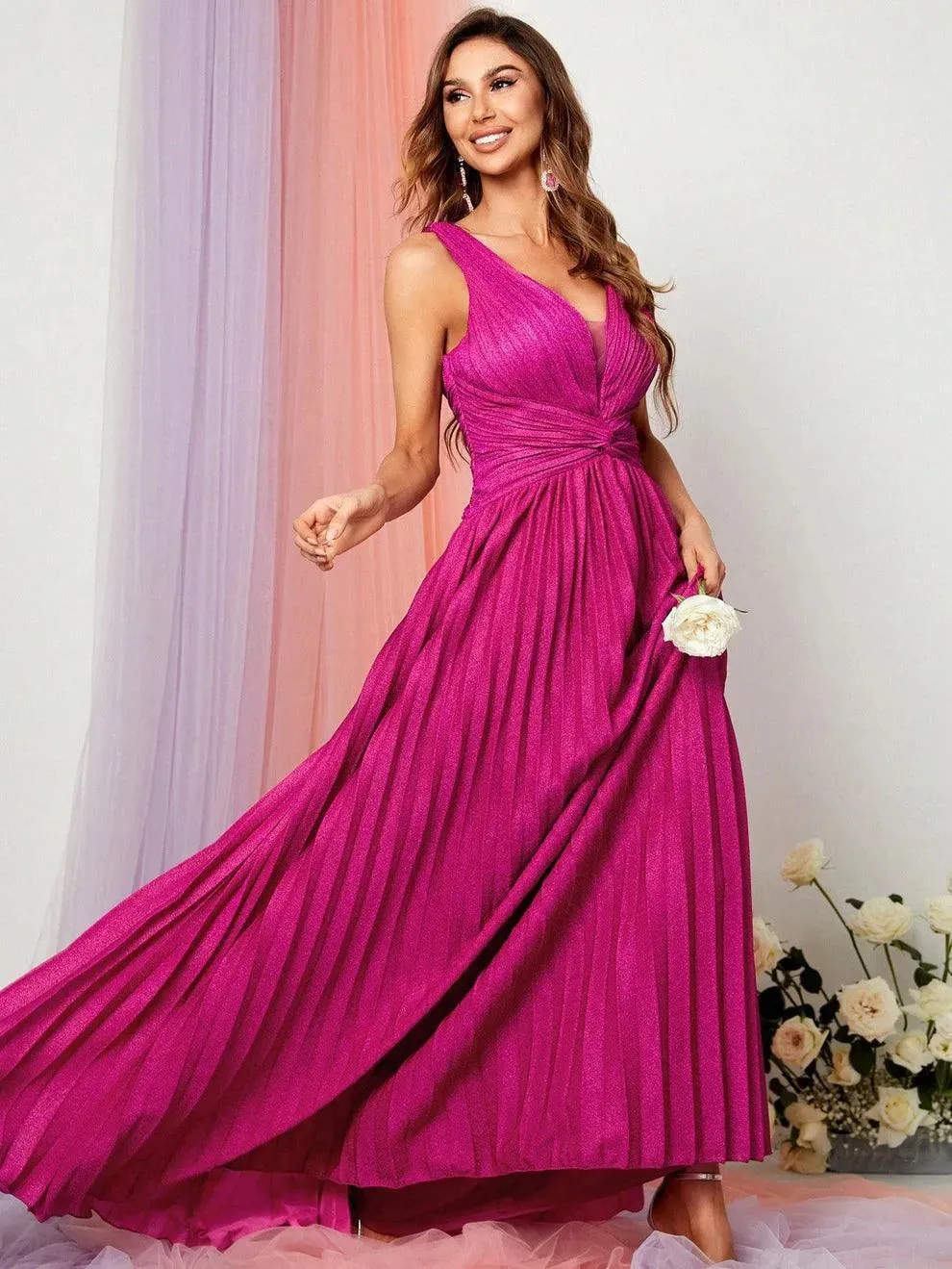 Glitter V Neck Sleeveless Maxi A Line Pleated Dress