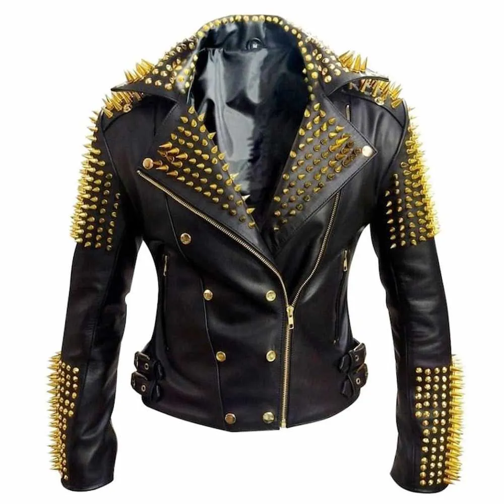 Golden Studded Heavy Metal Spikes Motorcycle Leather Jacket for Men