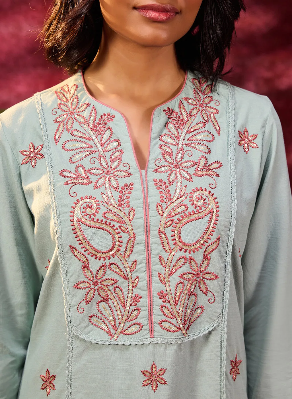 Gulaab Aqua Embroidered Cotton Linen Kurta Set for Women