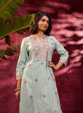 Gulaab Aqua Embroidered Cotton Linen Kurta Set for Women