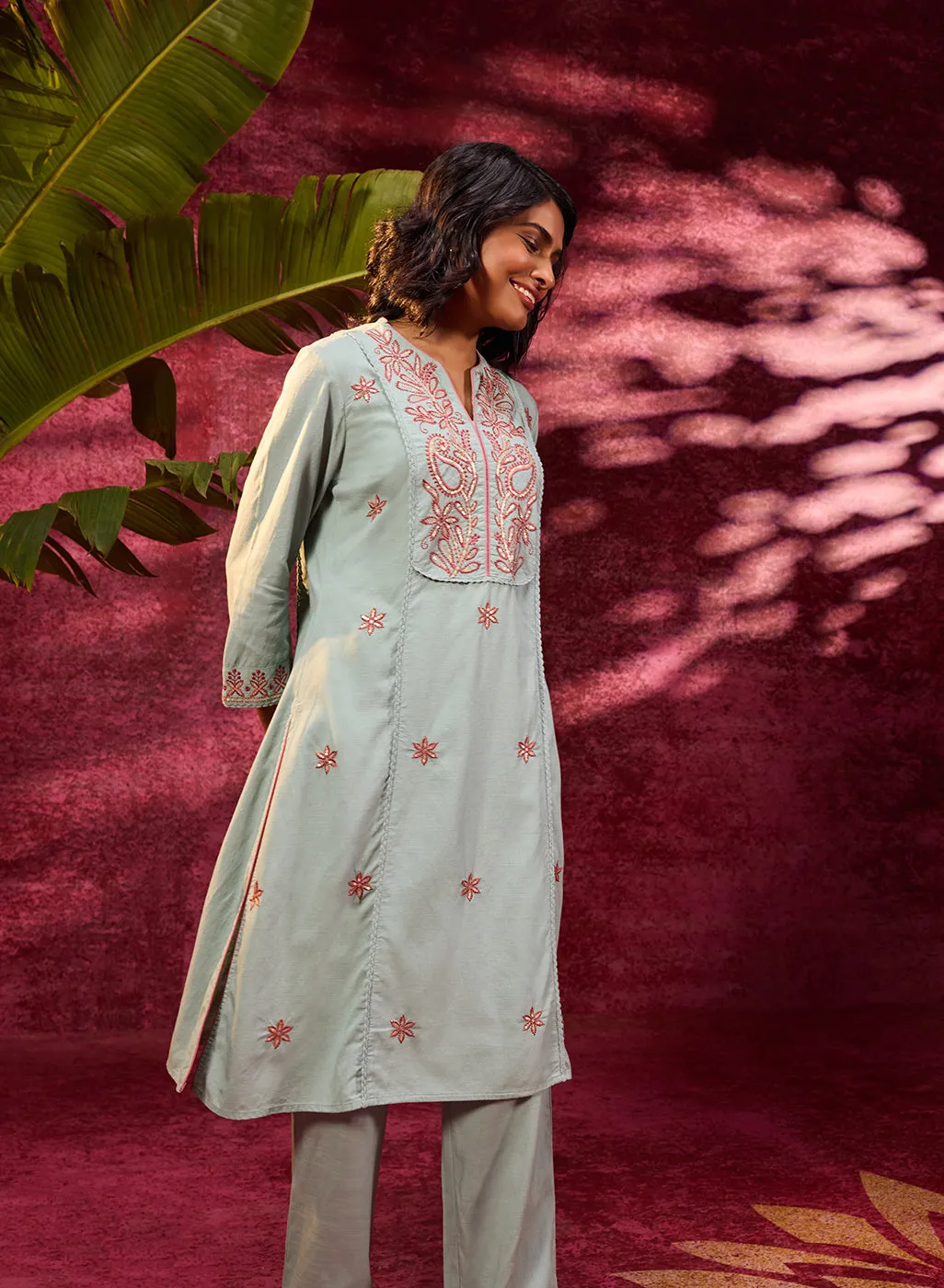 Gulaab Aqua Embroidered Cotton Linen Kurta Set for Women