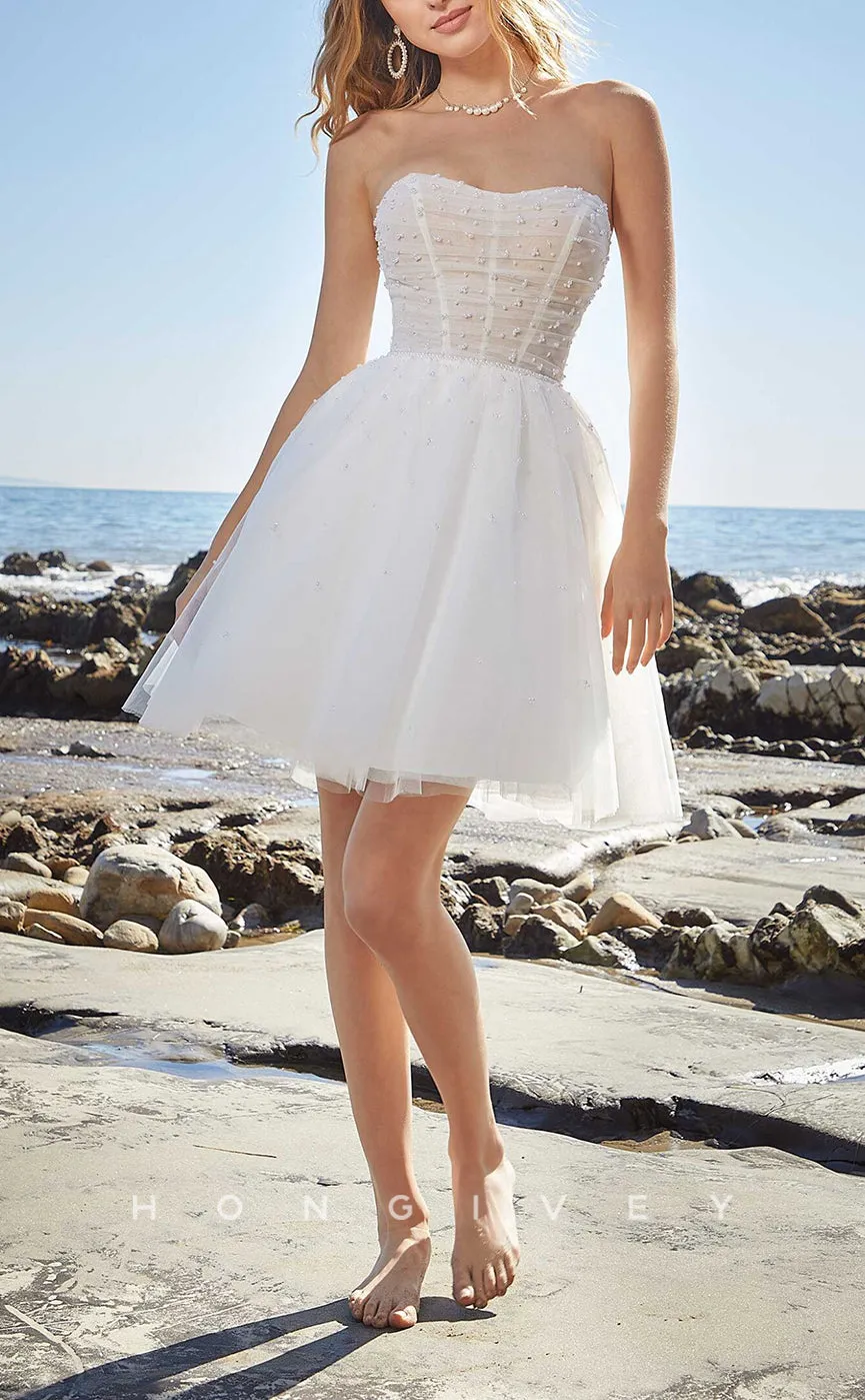 H1018 - Simple Sweet Strapless Sheer Pearl Short Wedding Dress