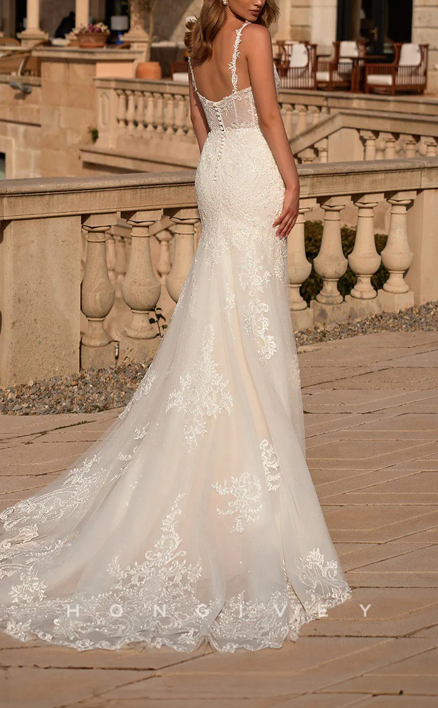 H1142 - Sexy Satin V-Neck Spaghetti Straps Floral Embroidered With Train Wedding Dress