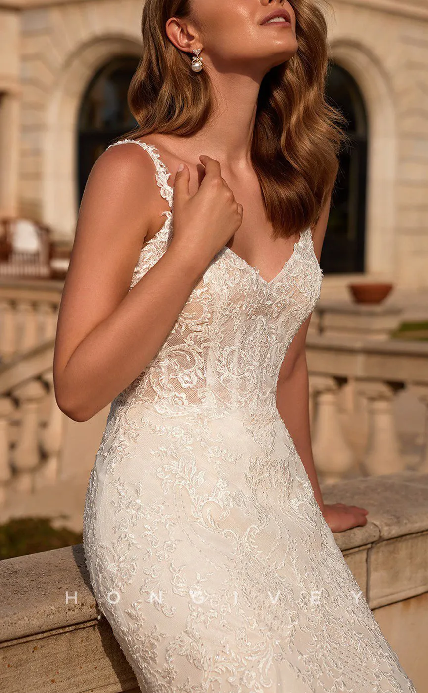 H1142 - Sexy Satin V-Neck Spaghetti Straps Floral Embroidered With Train Wedding Dress