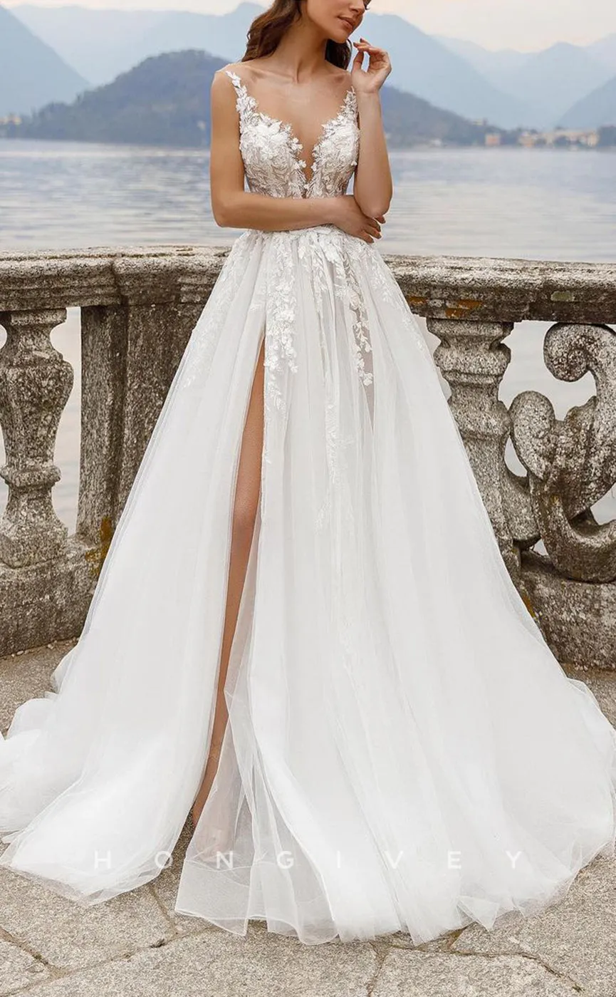 H1213 - Sexy Tulle A-Line Low V-Neck Spaghetti Straps Empire Appliques With Side Slit Wedding Dress