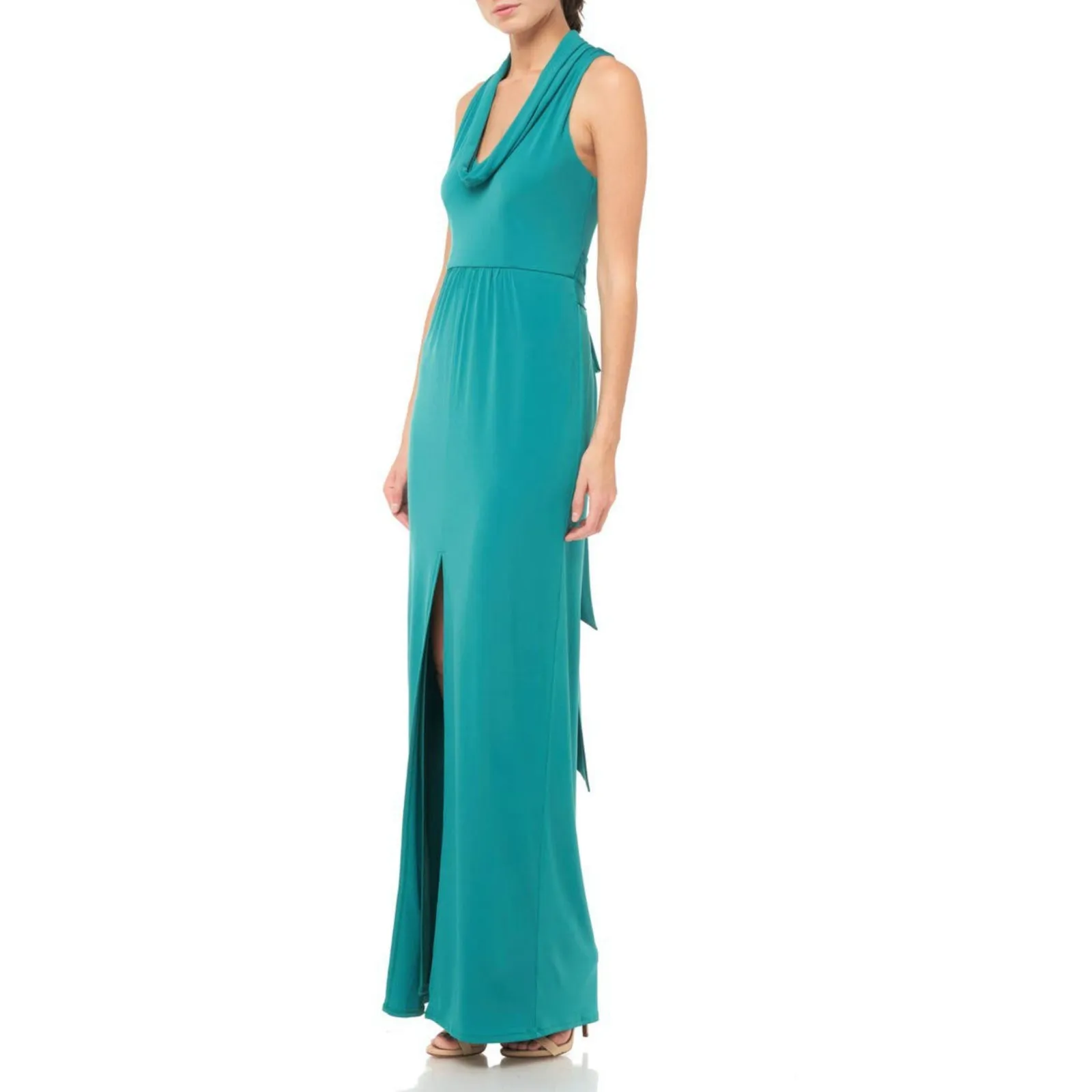 HALSTON HERITAGE Women's Draped Cowl Neck Front Slit Maxi Dress Gown