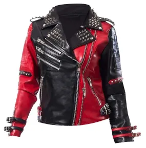 Harley Quinn Heartless Asylum Studded Biker Black & Red Leather Jacket For Women