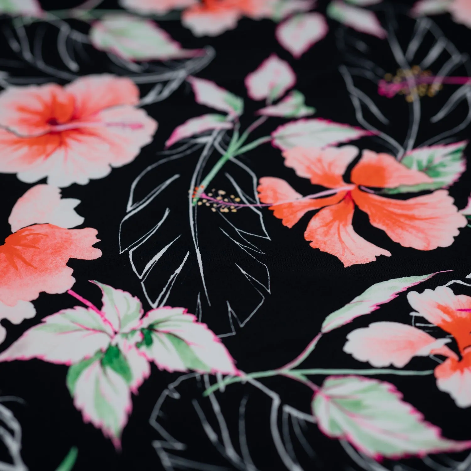 Hibiscus Flowers on Black Printed Spandex Fabric | Blue Moon Fabrics