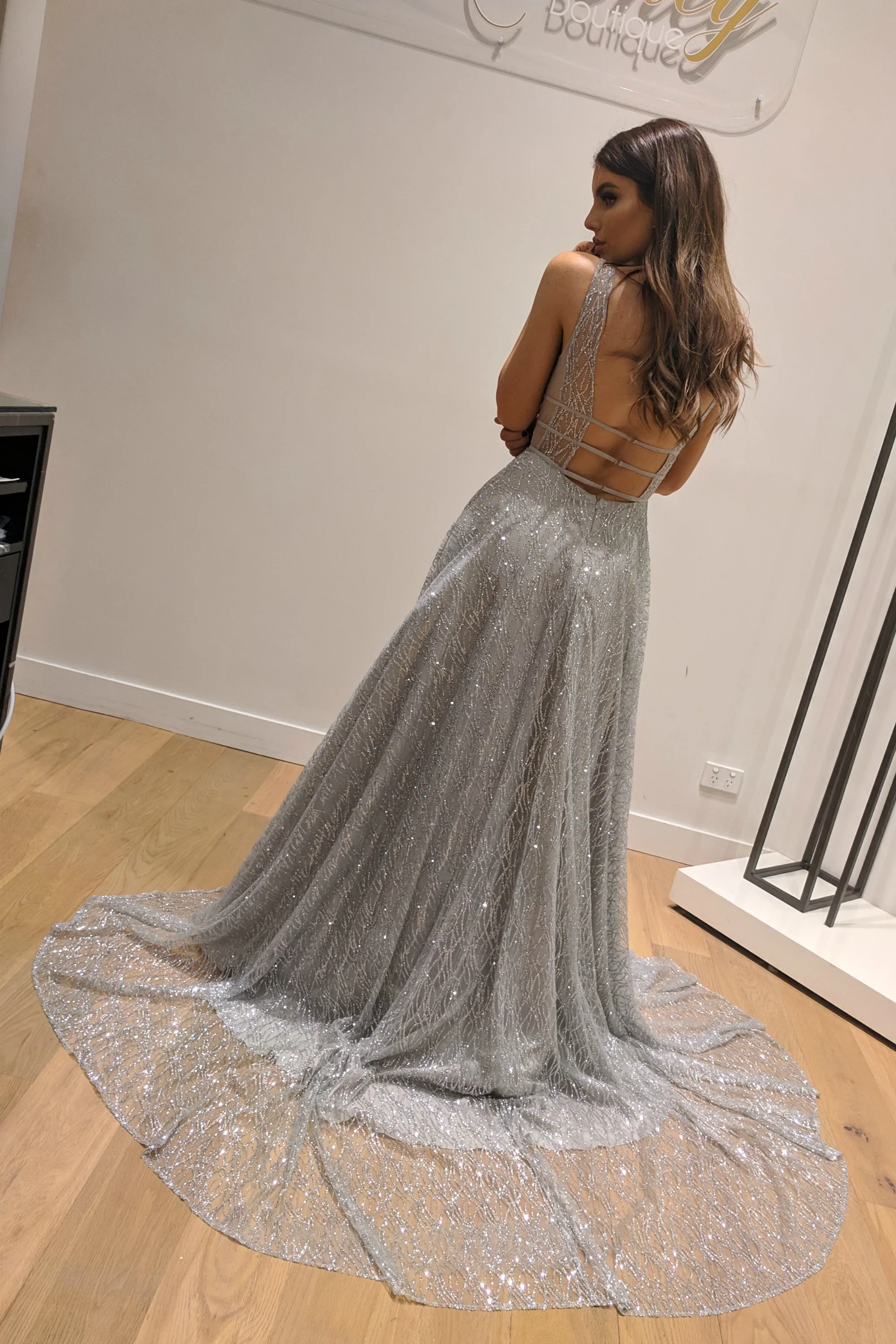 Honey Couture DAZZLING Silver Sequin Princess Formal Gown Dress