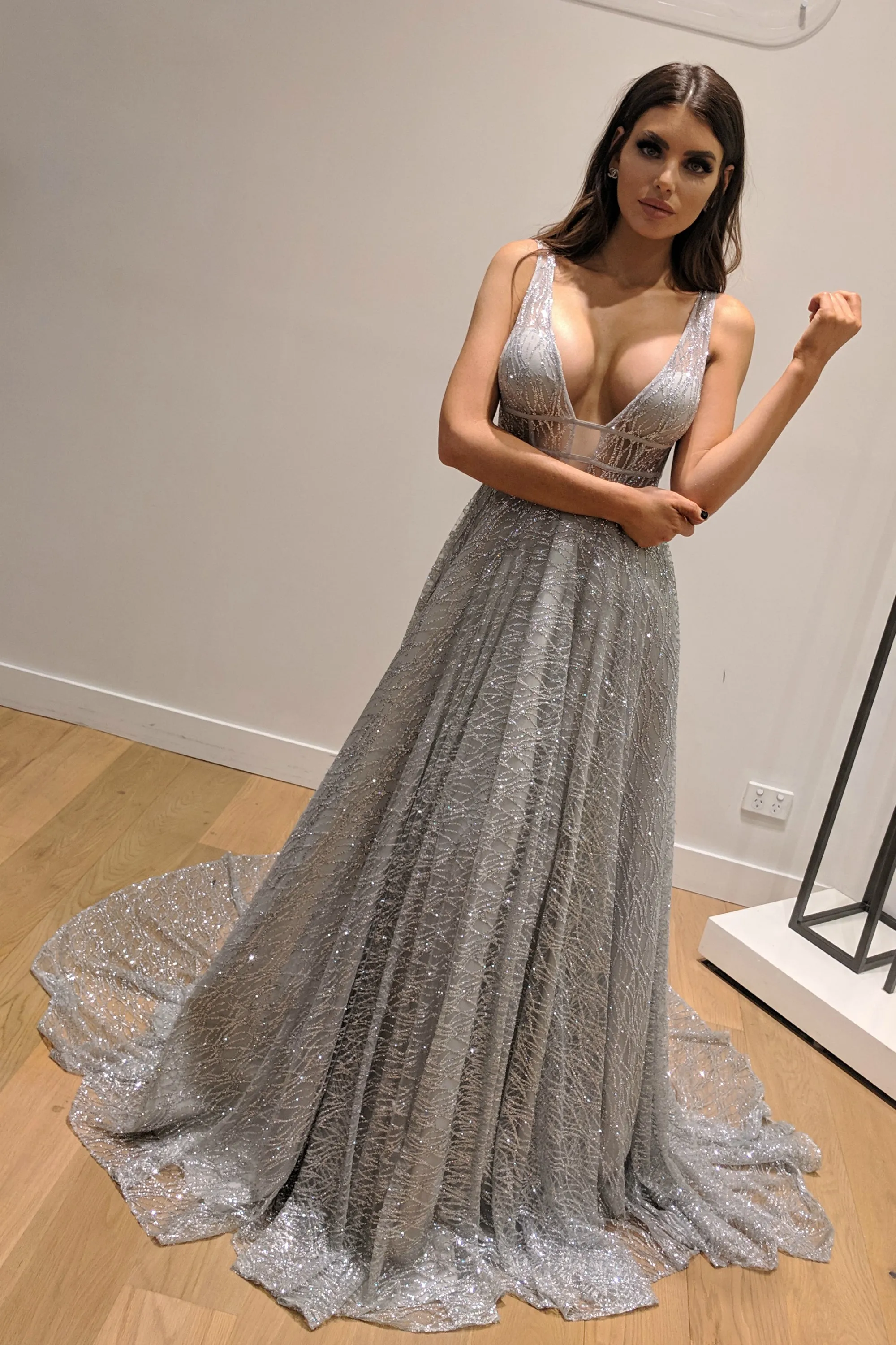 Honey Couture DAZZLING Silver Sequin Princess Formal Gown Dress